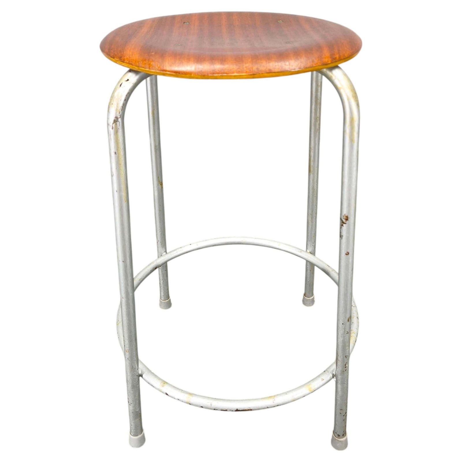 1950s German Industrial Stool With Plywood Seat