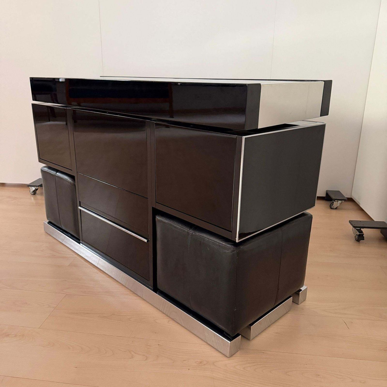 Willy Rizzo Convertible Bar, Black Lacquer, Chrome, Leather, Italy Circa 1970 photo vinterior