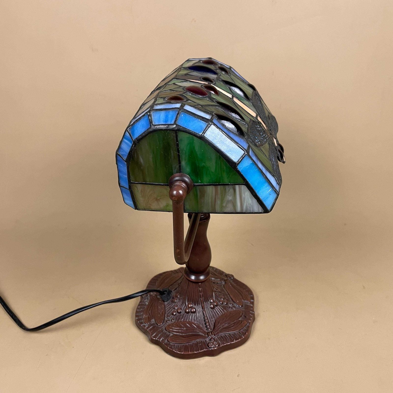 Tiffany Style Lamp Multicoloured Coloured Light Stain Glass Stained Patterned Dragonfly Brown Metal Base Antique Vintage Pattern Banker photo vintage