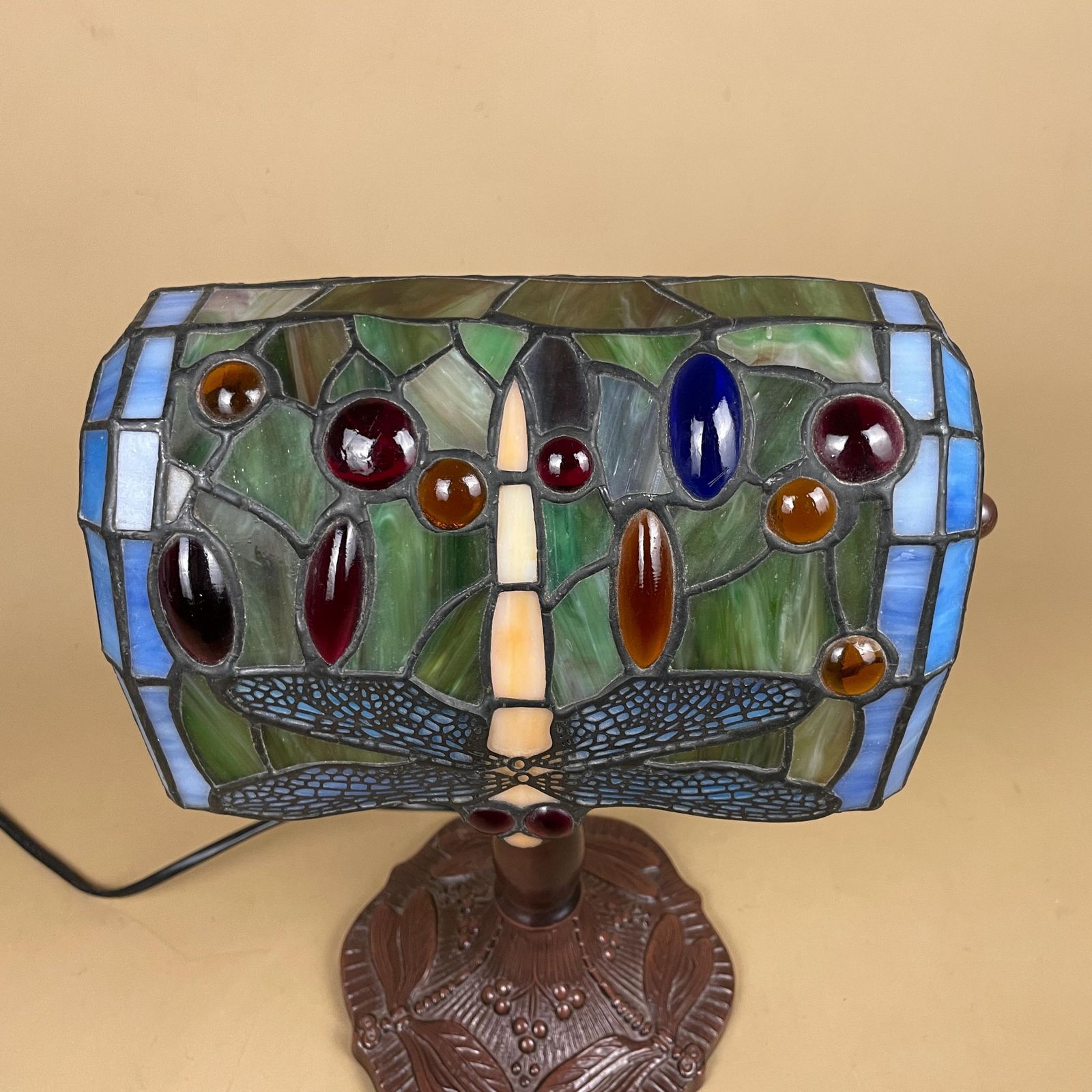 Lighting Tiffany Style Lamp Multicoloured Coloured Light Stain Glass Stained Patterned Dragonfly Brown Metal Base Antique Vintage Pattern Banker photo
