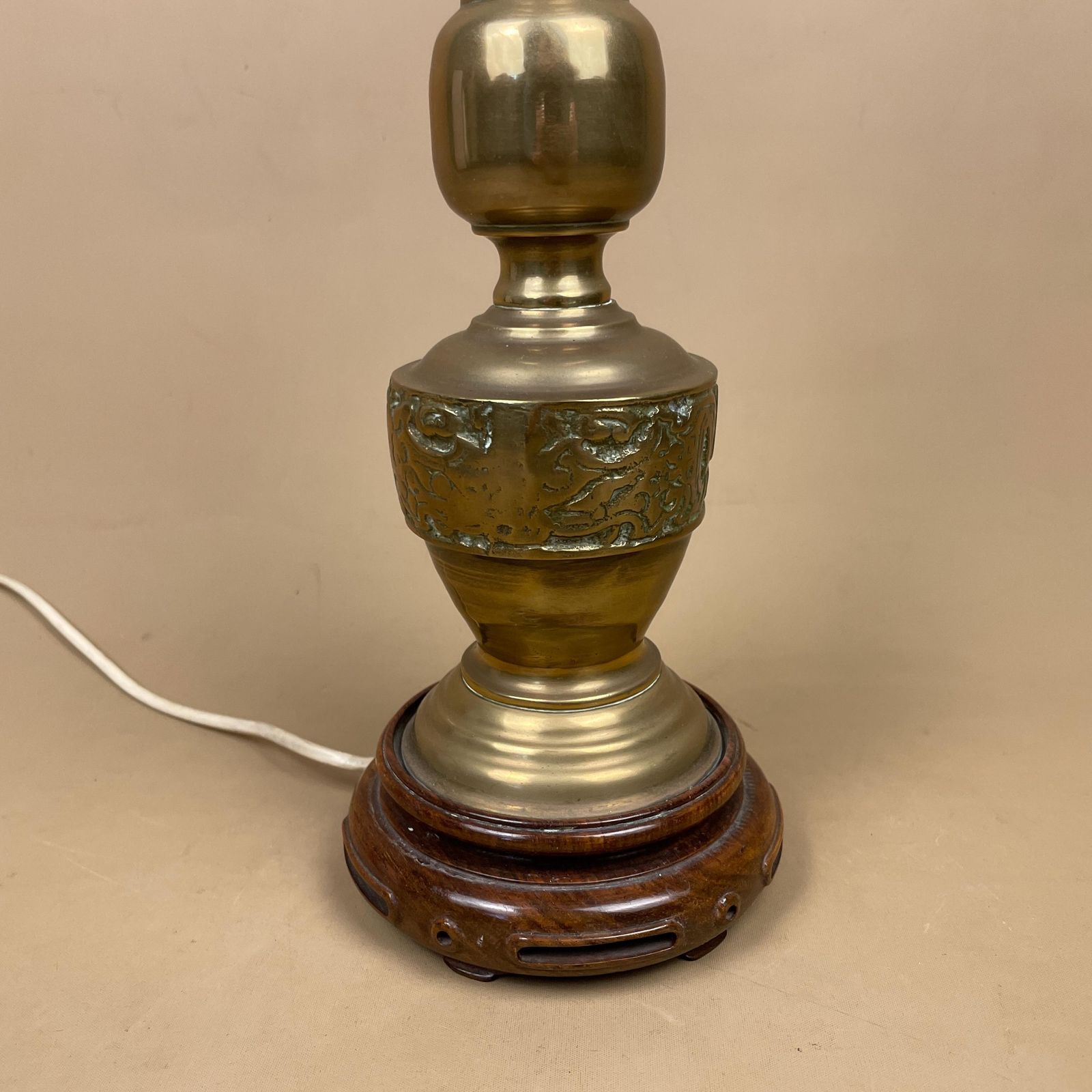Oriental Brass Gold Lamp Chinese Light Asian Antique Large Ornate Round Wood Base Table Lamp Light Bedside Old Pattern Statement Large photo for sale