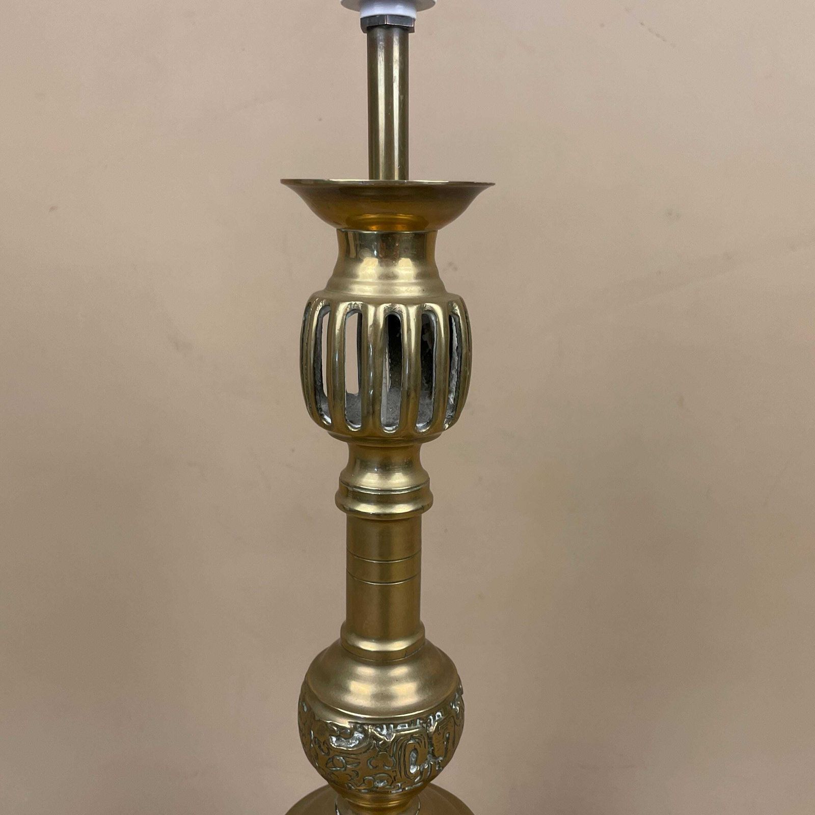 Oriental Brass Gold Lamp Chinese Light Asian Antique Large Ornate Round Wood Base Table Lamp Light Bedside Old Pattern Statement Large photo for sale