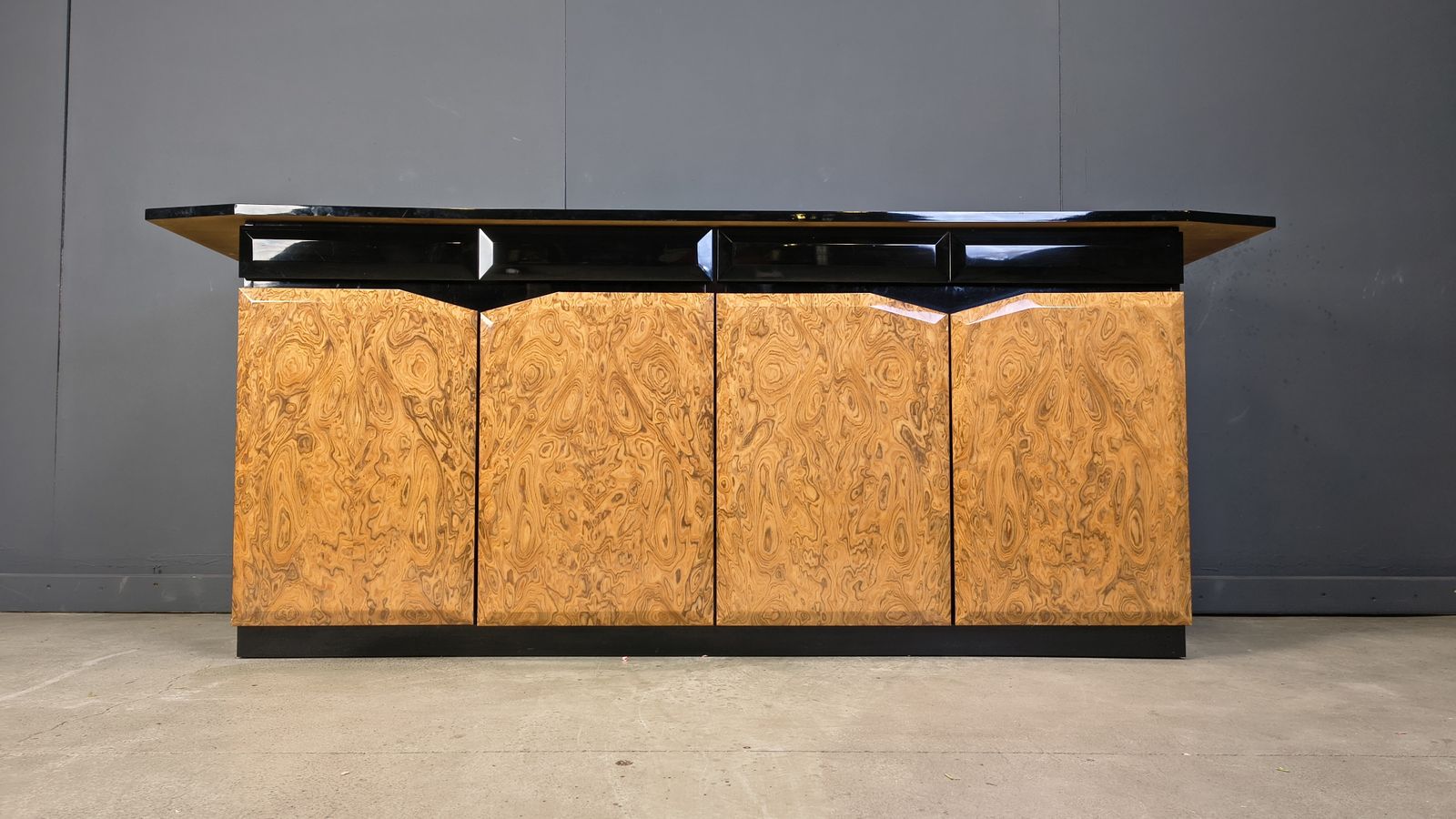 Furniture Vintage Lacquer And Burl Wood Credenza, 1980s photo