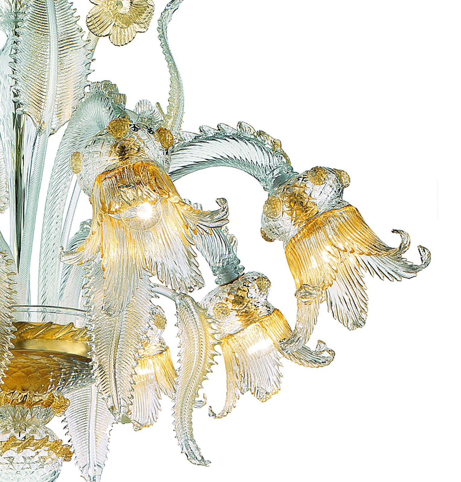 Luxury Italian Clear And Gold Leaf Chandelier With Flowers And Leaves Murano Glass photo for sale