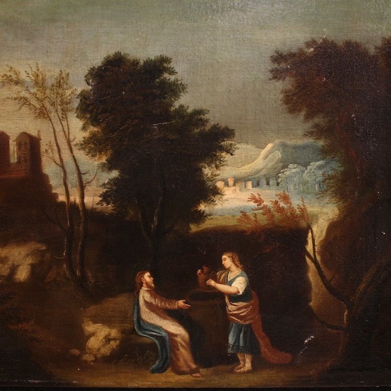 Tableau espagnol d'époque représentant Jésus et la Samaritaine au puits, XVIIe siècle