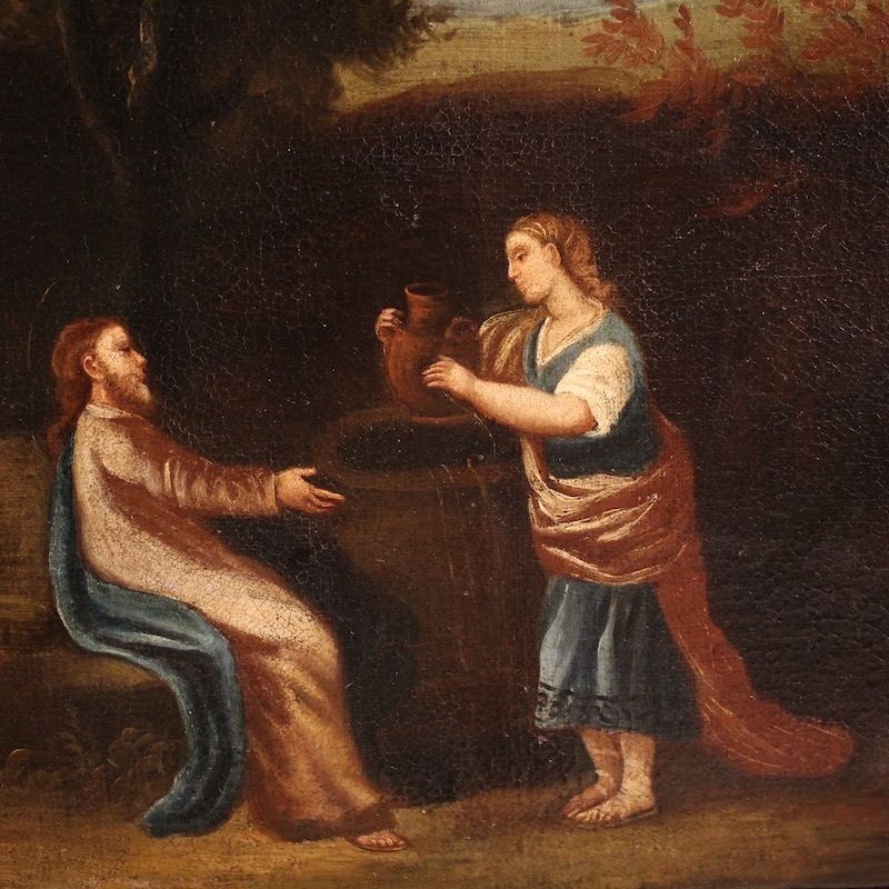 Antique Spanish Painting Of Jesus And The Samaritan Woman At The Well From The 17th Century photo vinterior