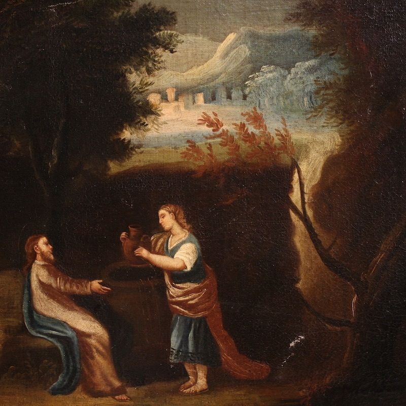 2300.0 Antiek Spaans schilderij van Jezus en de Samaritaanse vrouw bij de put, 17e eeuw photo