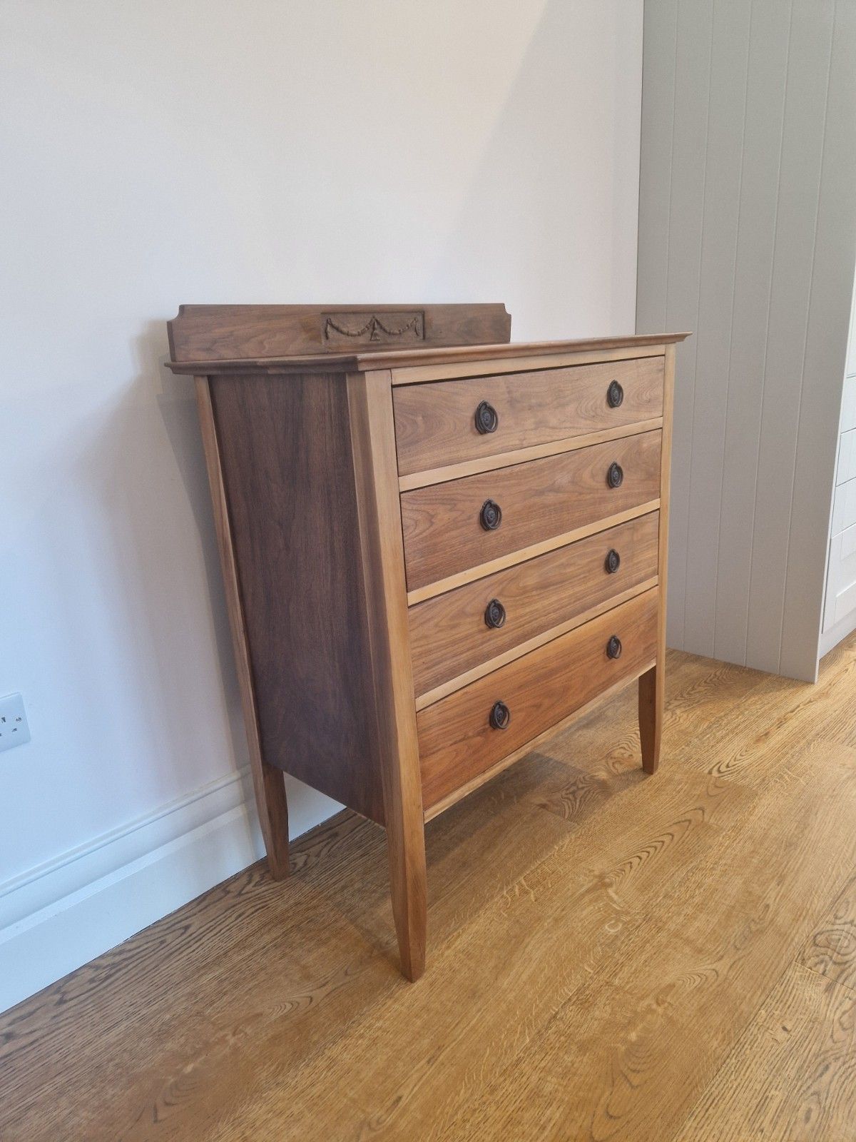 Vintage Solid Walnut Chest Of Drawers – 4 Drawers, Restored With Black Handles photo 375.0