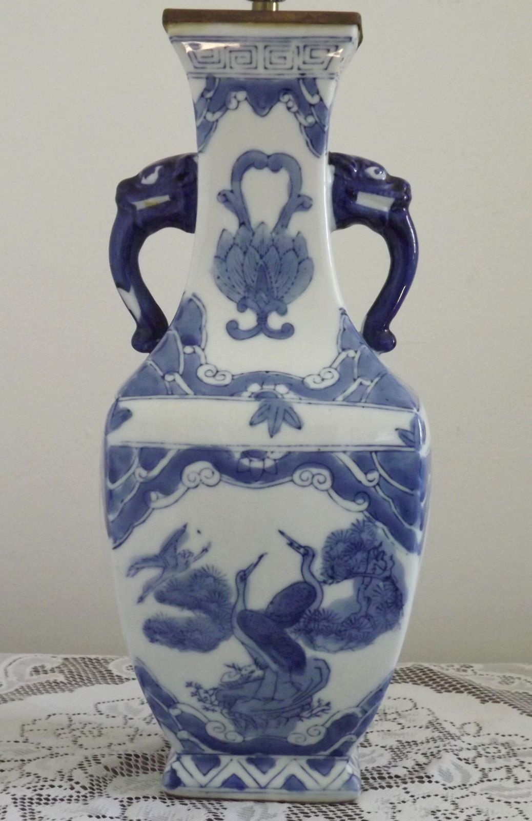 Vintage Chinese Large Crane Bird Square Porcelain Vase Lamp Foo Lion Handle photo Lighting