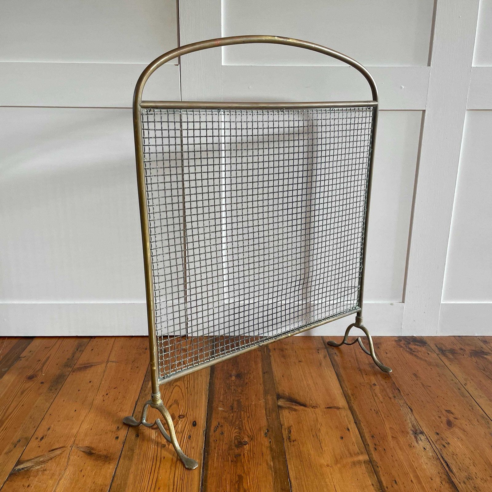 photo buy Antique Fireguard Fireplace Screen Gold Brass Metal Frame Vintage Fire Guard Victorian Ornate Freestanding Pattern Mesh Rectangle Domed Top