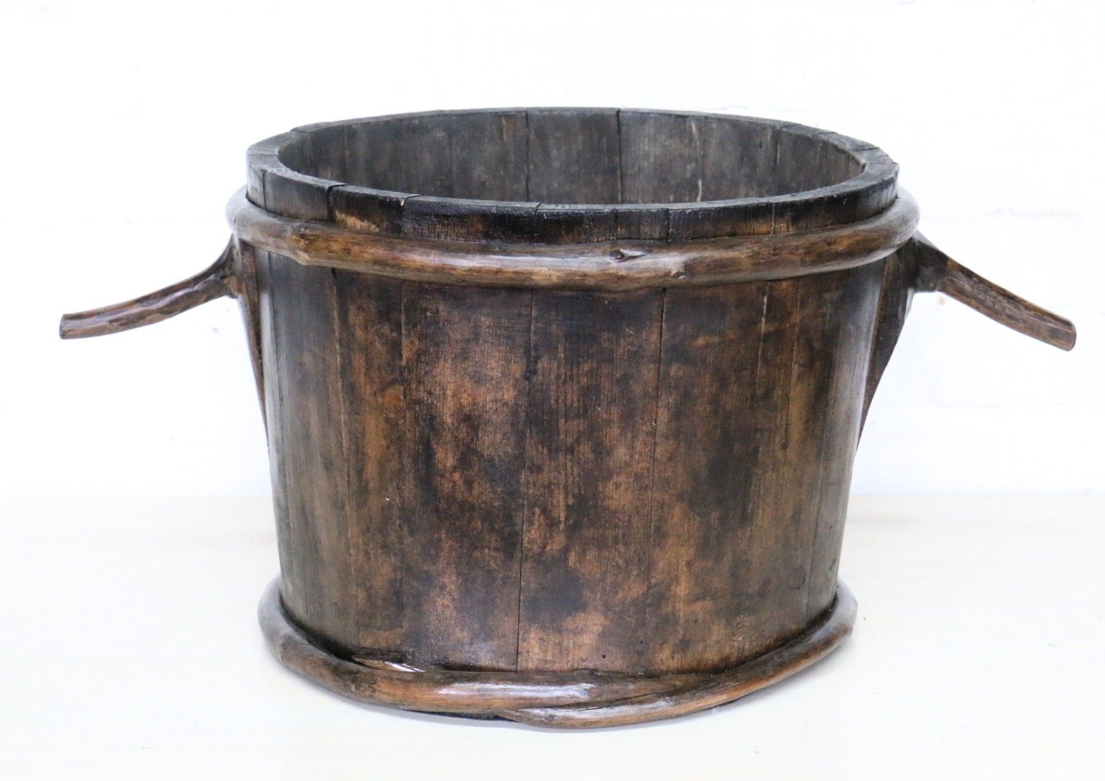 Antique French Vineyard Oak Grape Pickers Wooden Bucket Slatted Reconditioned