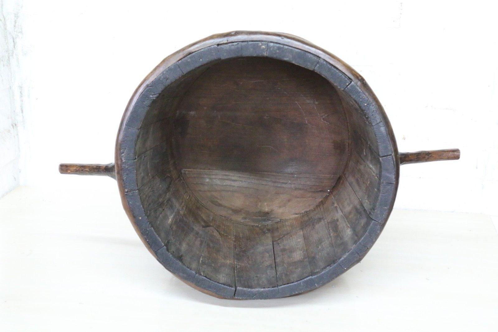 Antique French Vineyard Oak Grape Pickers Wooden Bucket Slatted Reconditioned photo vinterior