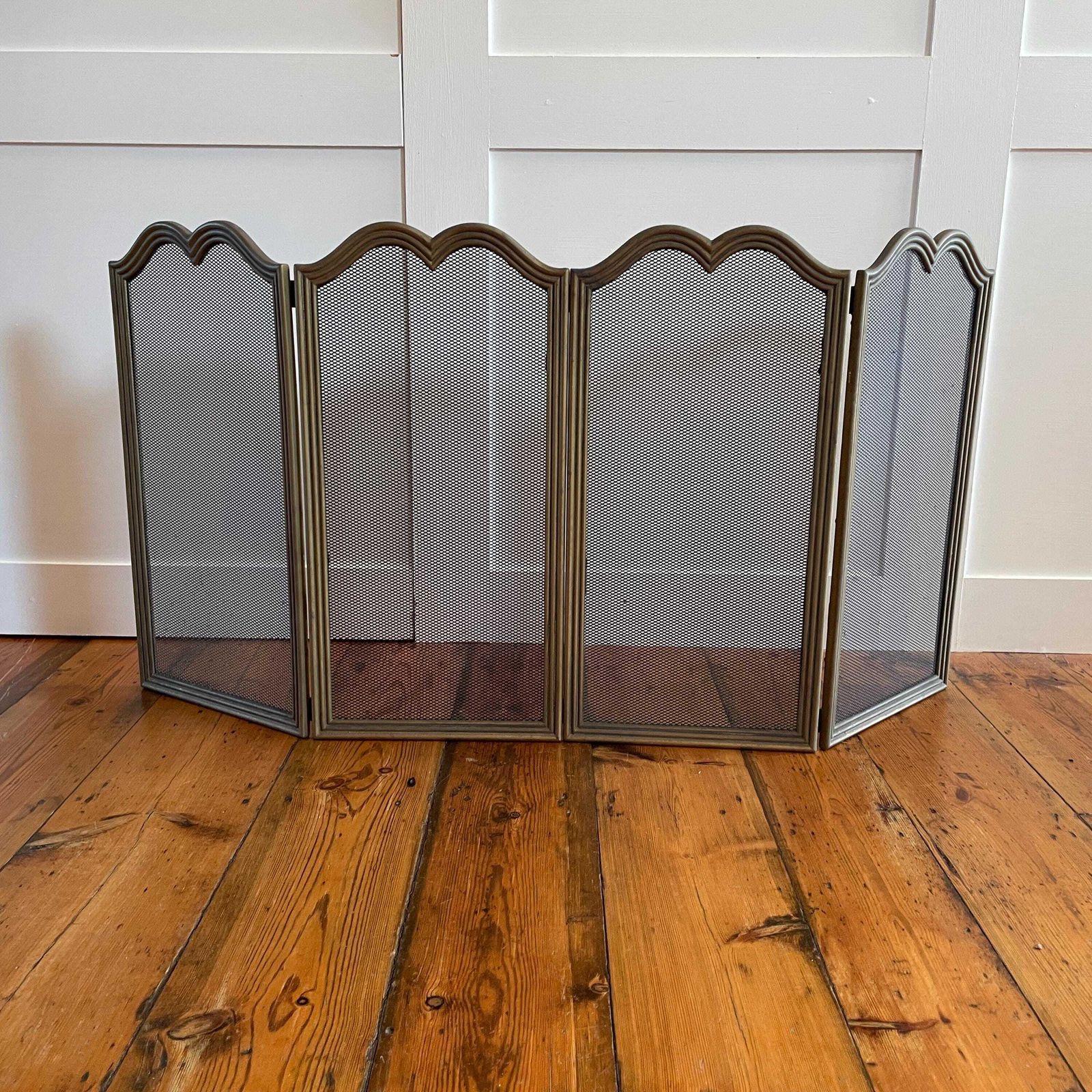 Antique Fireguard Fireplace Screen Gold Brass Metal Frame Vintage Fire Guard Fold Down Victorian Ornate Freestanding 4 Panels Mesh Rectangle photo buy