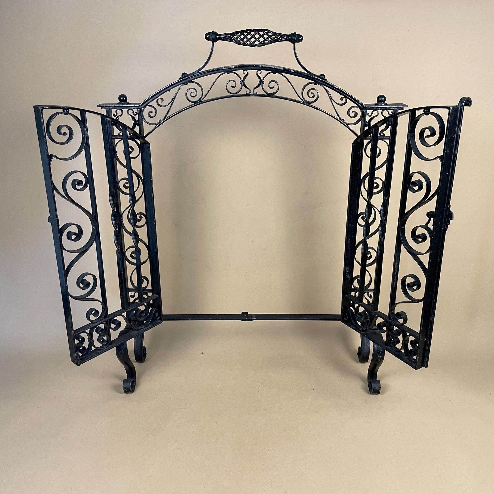 French Gothic Antique Fireguard Fireplace Screen Metal Wrought Iron Black Double Doors Opening Vintage Fire Guard Ornate Freestanding photo furniture