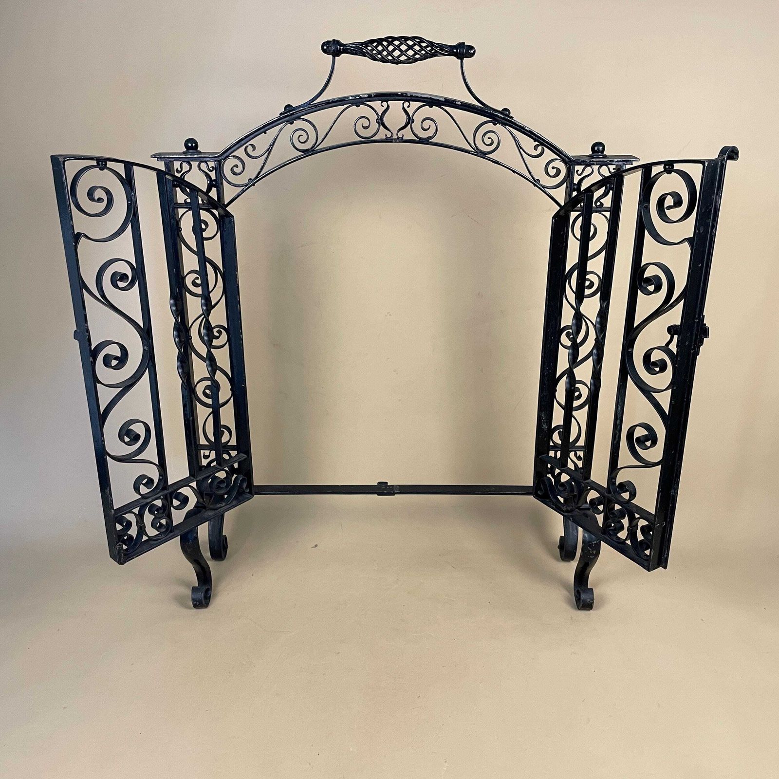 French Gothic Antique Fireguard Fireplace Screen Metal Wrought Iron Black Double Doors Opening Vintage Fire Guard Ornate Freestanding photo vinterior