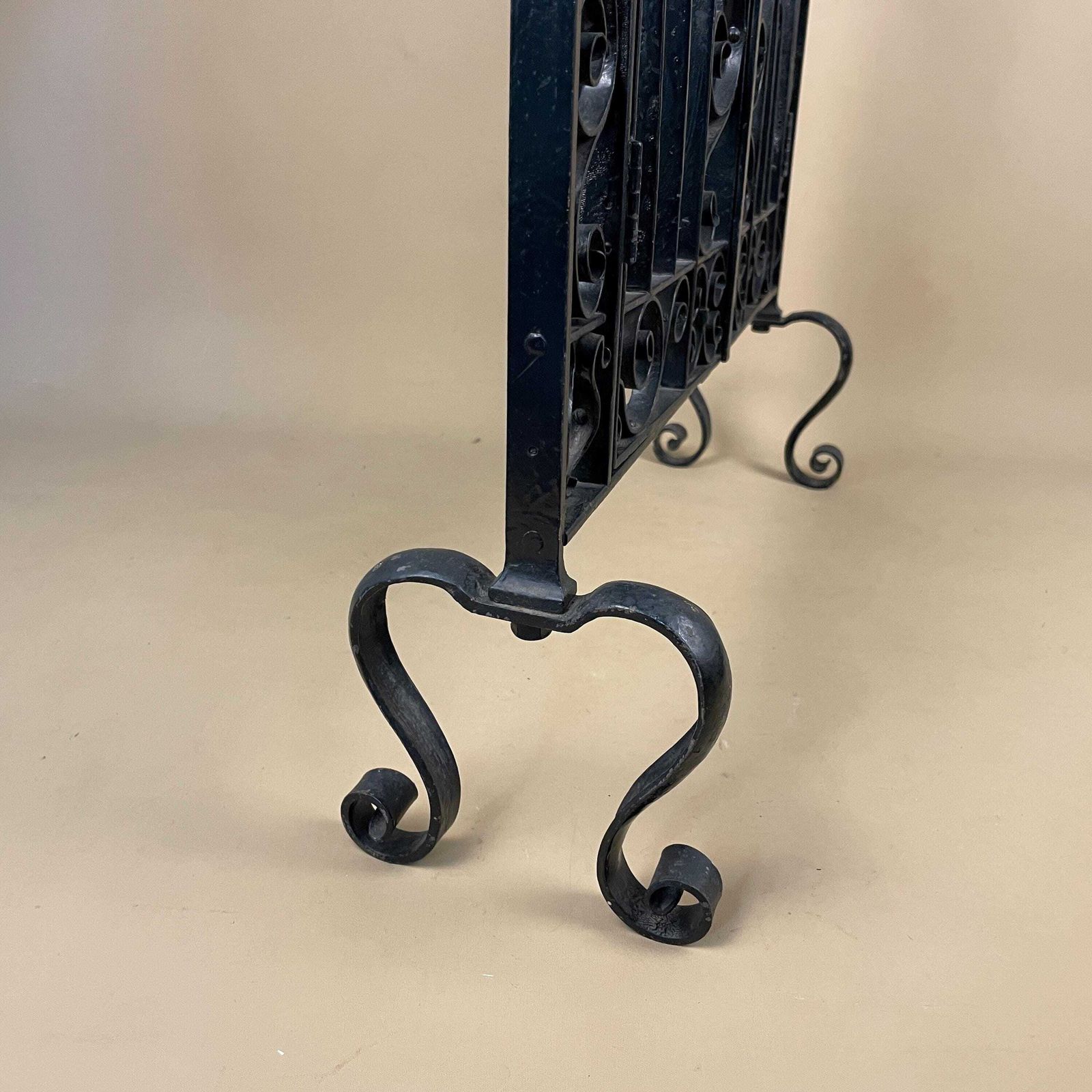 photo for sale French Gothic Antique Fireguard Fireplace Screen Metal Wrought Iron Black Double Doors Opening Vintage Fire Guard Ornate Freestanding