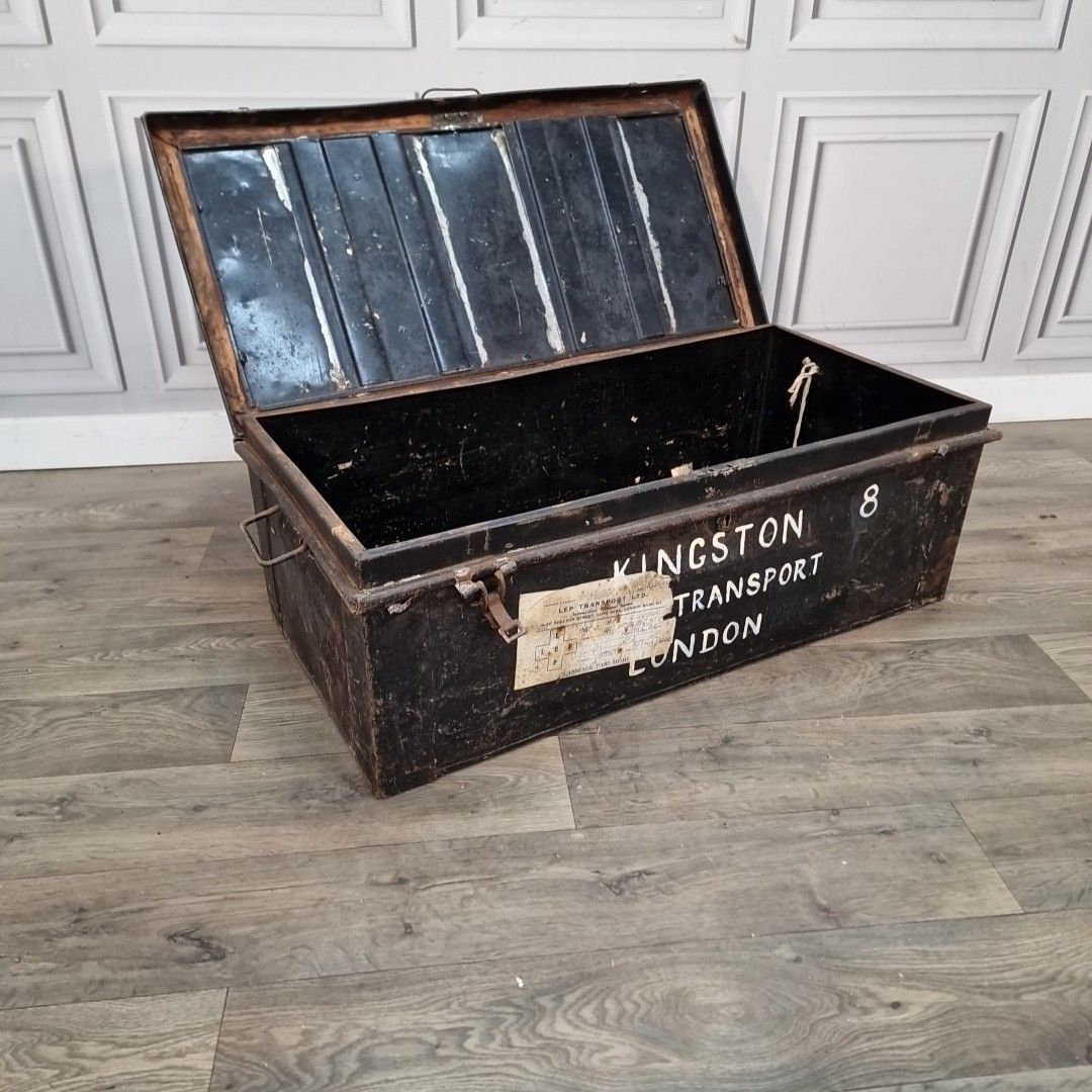 Vintage Industrial Metal Trunk Kingston Transport London Storage Chest Tool Box photo Furniture