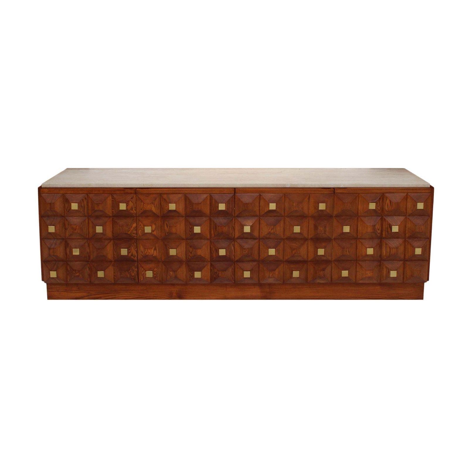 Contemporary Square Pattern Oak Wood, Brass And Travertine Top Italian Sideboard photo furniture