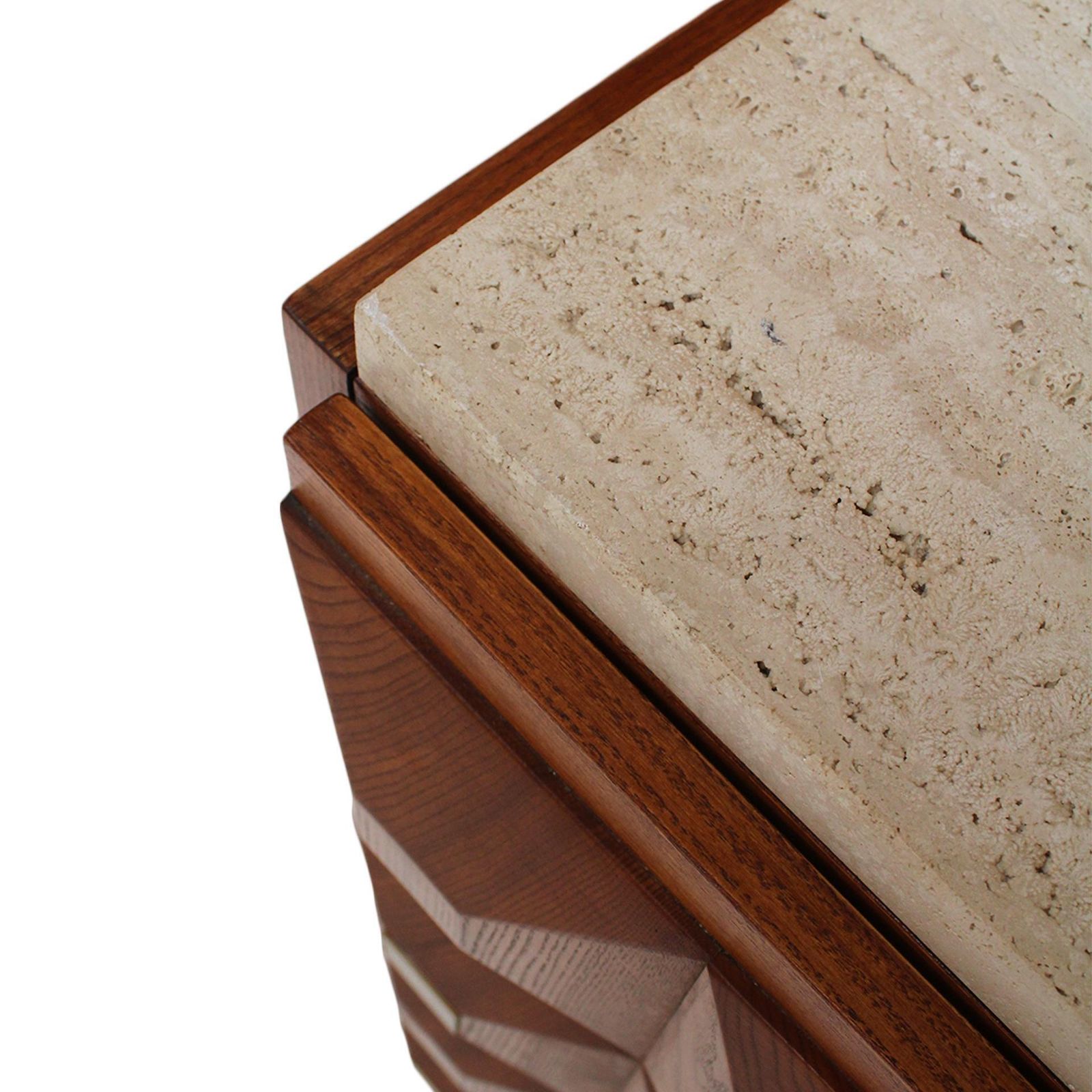 Contemporary Square Pattern Oak Wood, Brass And Travertine Top Italian Sideboard photo vintage