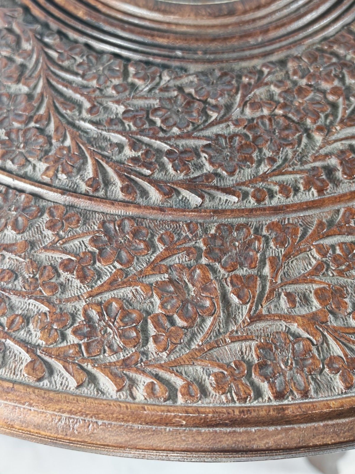 Indian Carved Folding Side Table Contrast Inlay Hoshiarpur Wooden Round photo Furniture