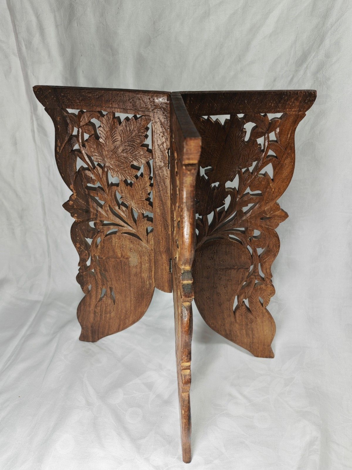 Indian Carved Folding Side Table Contrast Inlay Hoshiarpur Wooden Round photo 95.0