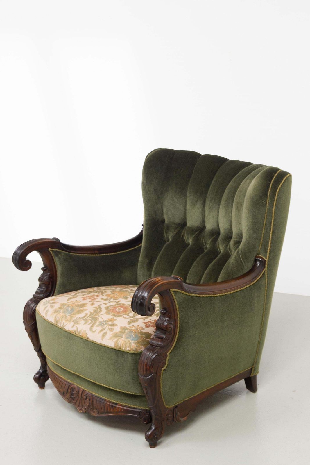 Danish Carved Lounge Chair In Green Velvet, 1920s. photo furniture