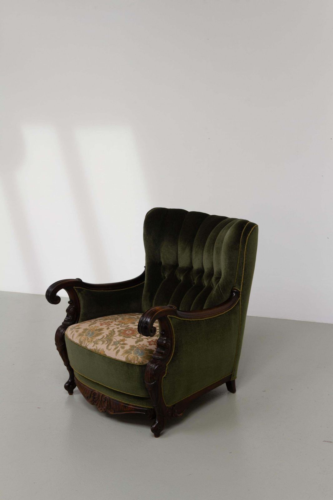 Danish Carved Lounge Chair In Green Velvet, 1920s. photo for sale