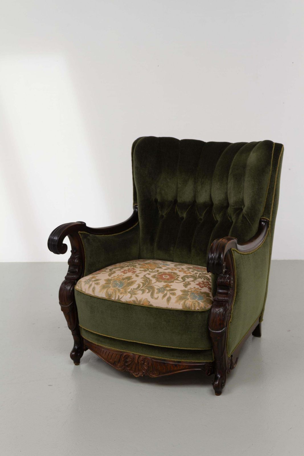 Danish Carved Lounge Chair In Green Velvet, 1920s. photo Furniture