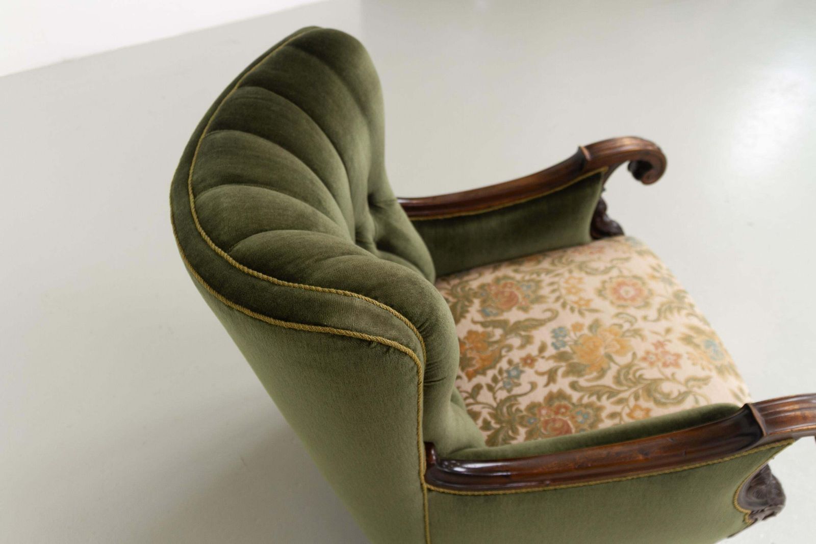 Danish Carved Lounge Chair In Green Velvet, 1920s. photo buy
