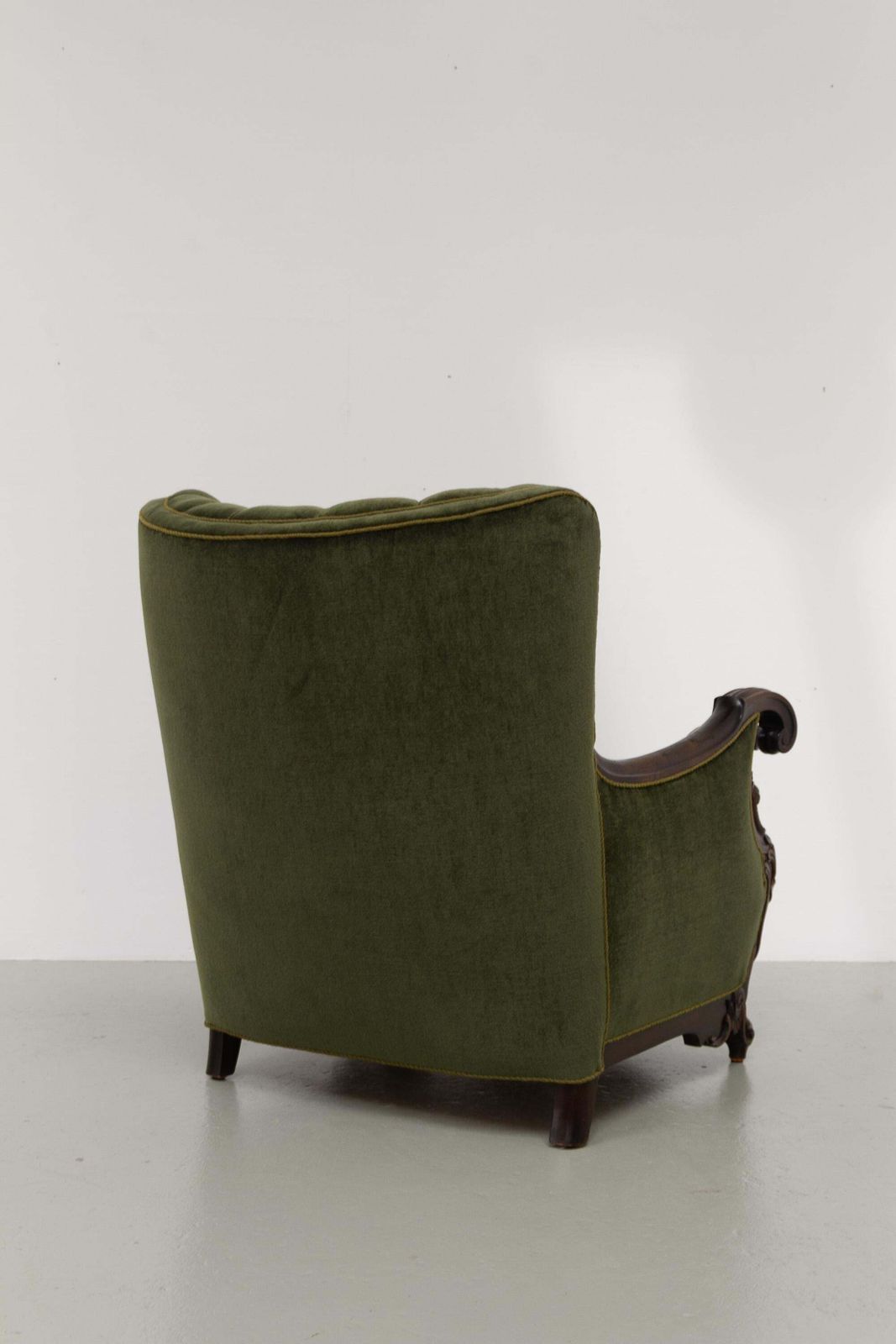 photo for sale Danish Carved Lounge Chair In Green Velvet, 1920s.