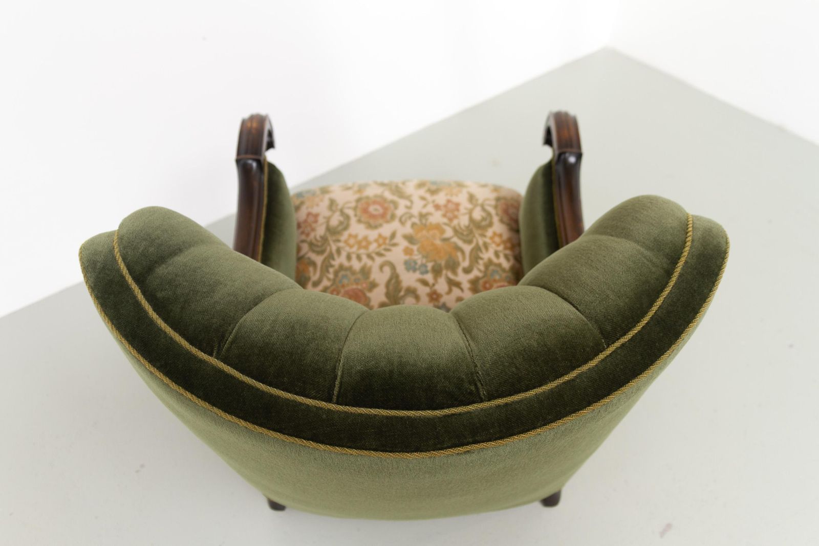 Furniture Danish Carved Lounge Chair In Green Velvet, 1920s. photo