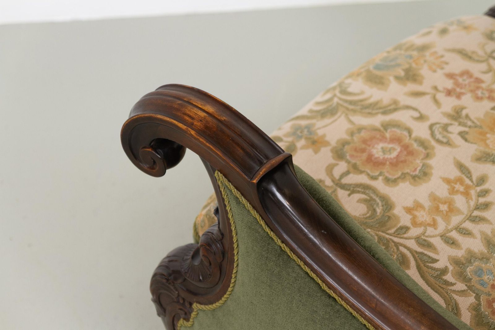 1058.0 Danish Carved Lounge Chair In Green Velvet, 1920s. photo