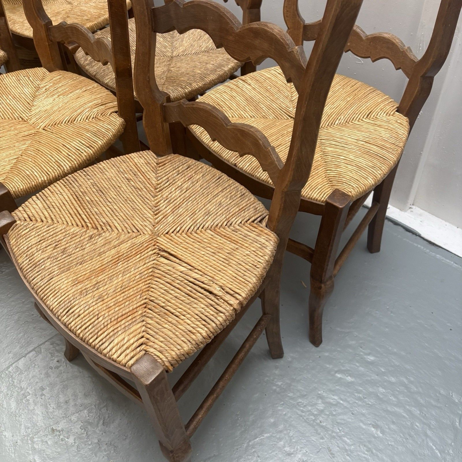 4 Vintage French Farmhouse Country ´Van Gogh’ Ladderback Rush Seat Dining Chairs photo vintage