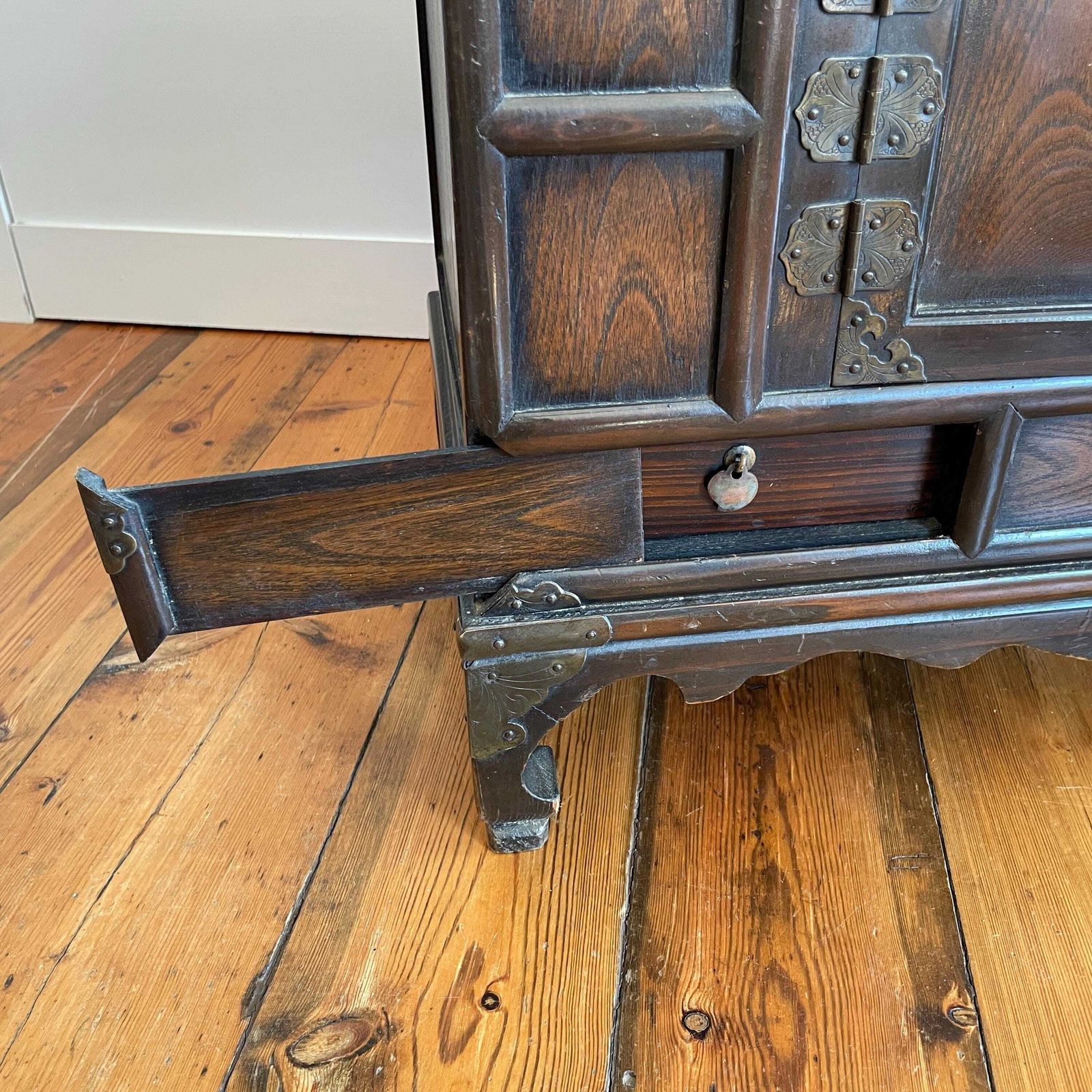 photo furniture Oriental Style Side Cabinet Brass Hardware Hidden Drawers Indian Made Vintage Chunky Wood Chinese Inspired