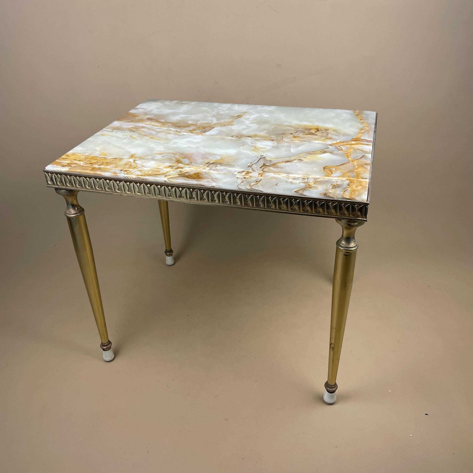 Vintage Marble Brass Table Mid Century Ornate Italian Regency Rectangular Small Coffee Table Decorative Accent Natural Stone