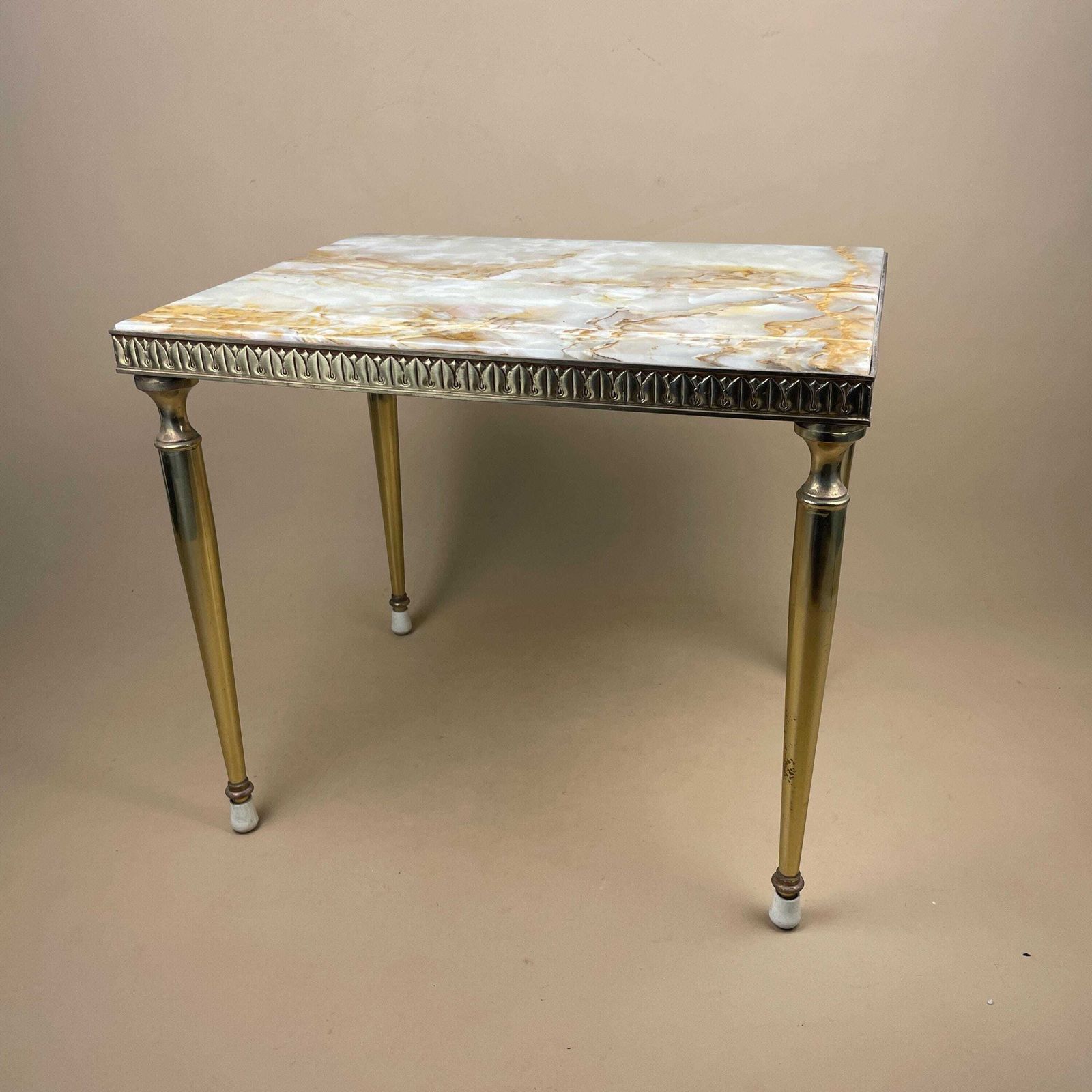 Vintage Marble Brass Table Mid Century Ornate Italian Regency Rectangular Small Coffee Table Decorative Accent Natural Stone photo furniture