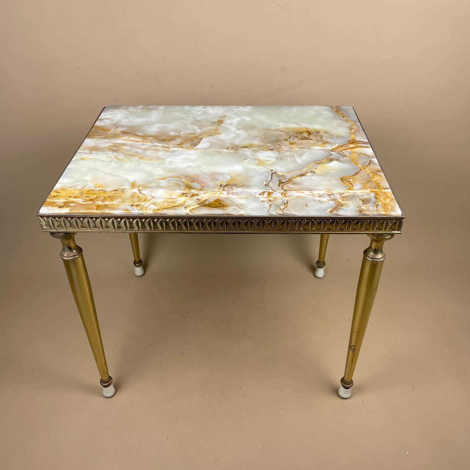 Vintage Marble Brass Table Mid Century Ornate Italian Regency Rectangular Small Coffee Table Decorative Accent Natural Stone photo for sale