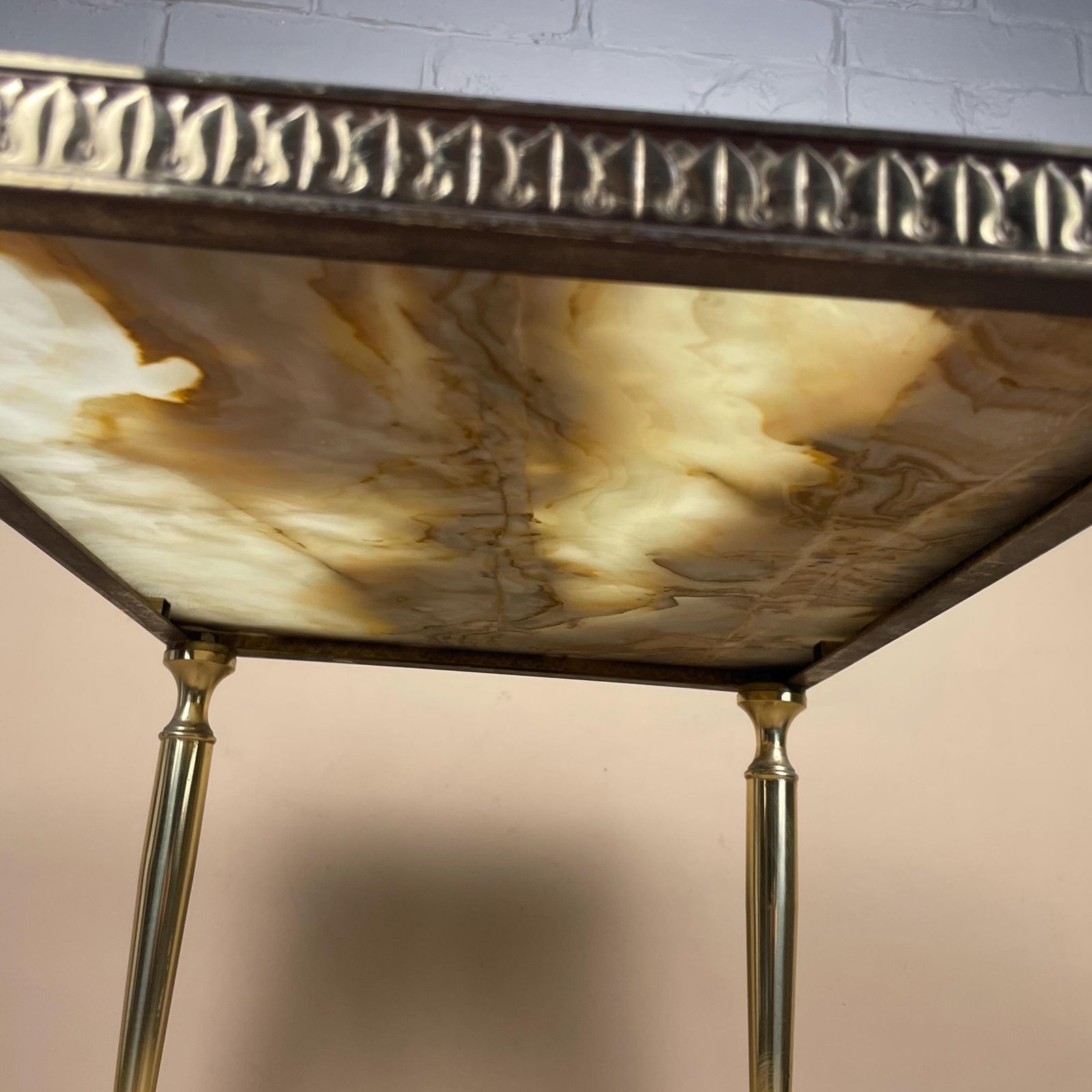 photo buy Vintage Marble Brass Table Mid Century Ornate Italian Regency Rectangular Small Coffee Table Decorative Accent Natural Stone