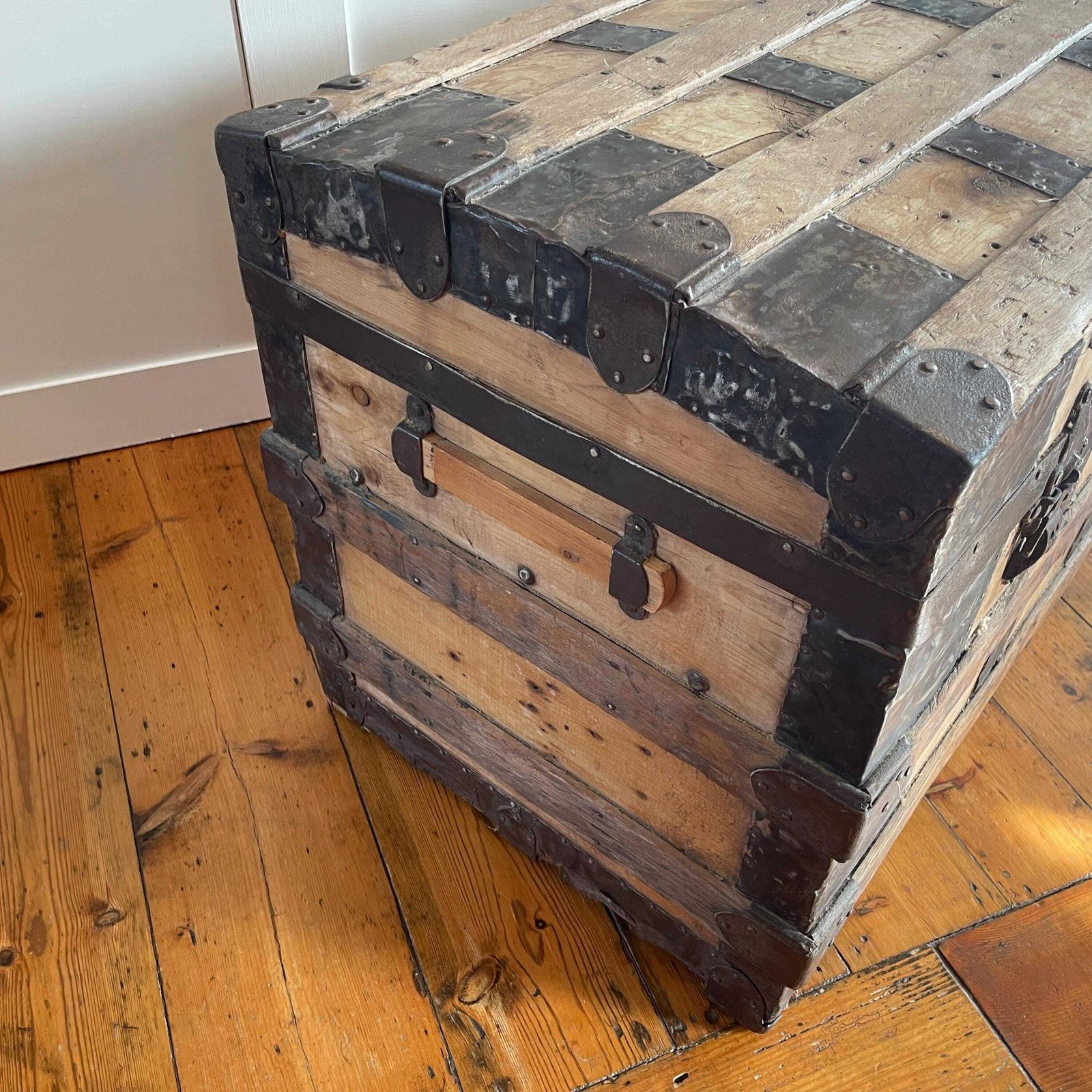 photo buy Antique Dome Top Trunk Wood Metal Strap Steamer Chest Storage Large Rustic Hinged Lid Lidded Blanket Box Vintage Industrial
