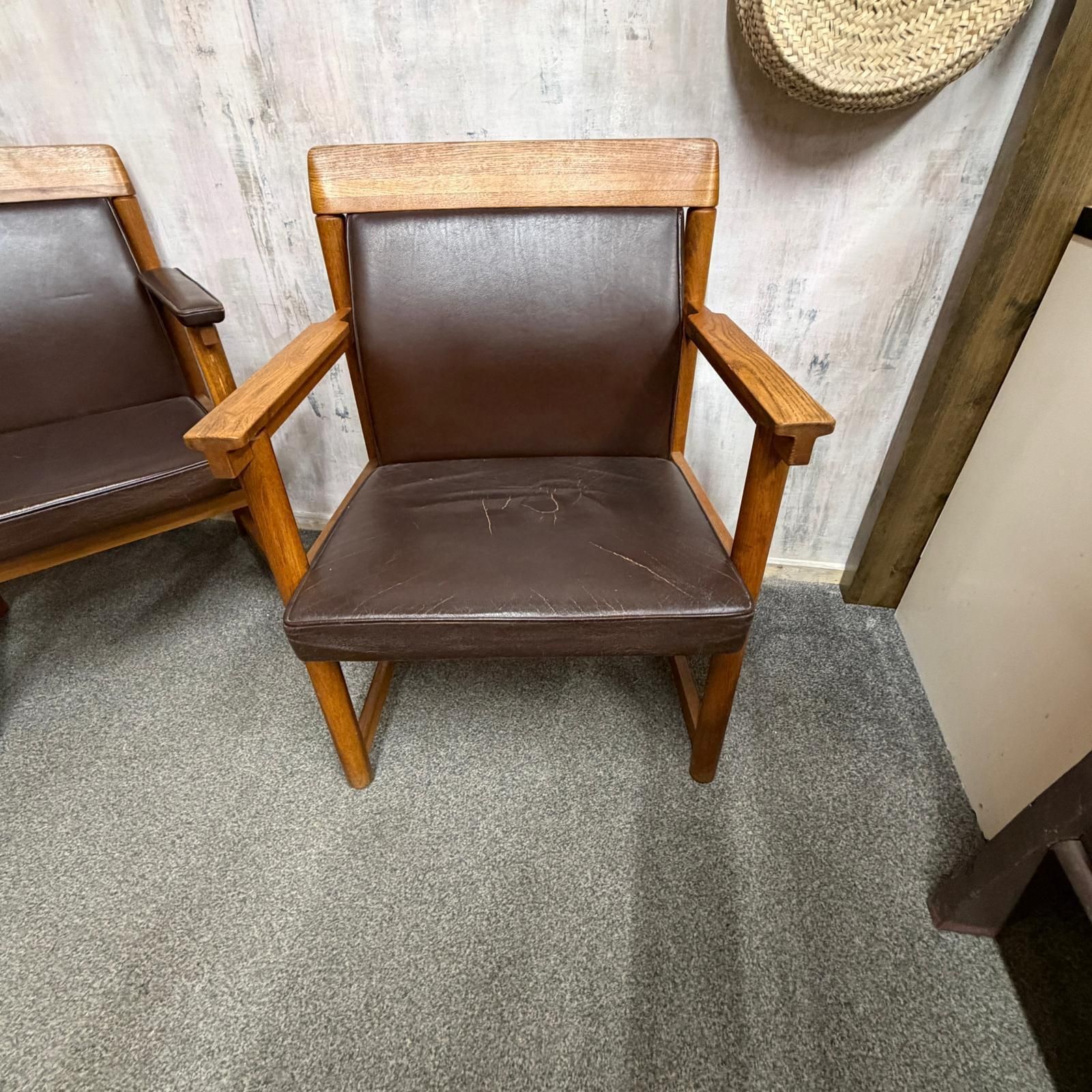 Set 3 Ferd. Lundquist 1970’s Mid Century Swedish Oak And Faux Leather Armchairs photo for sale