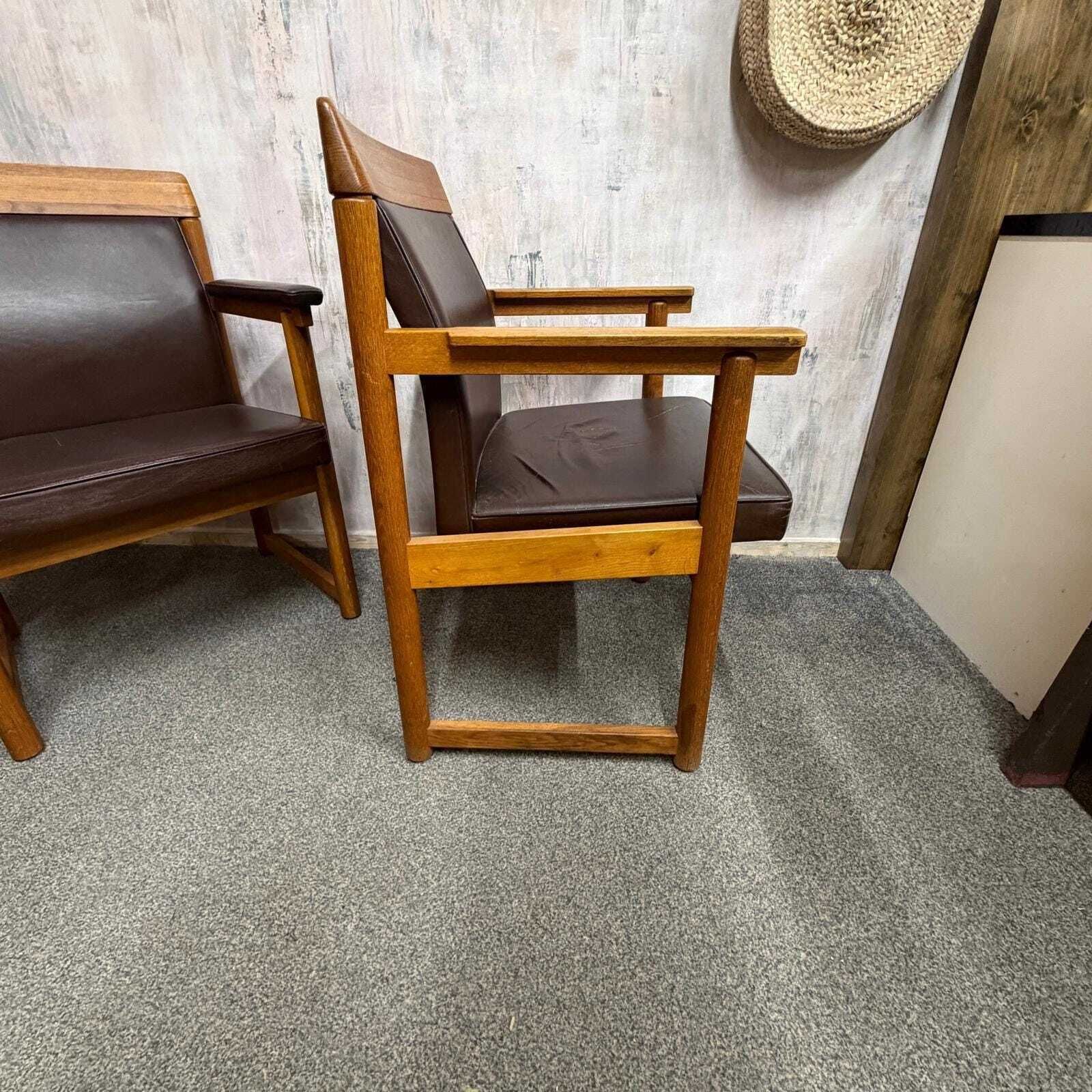 Set 3 Ferd. Lundquist 1970’s Mid Century Swedish Oak And Faux Leather Armchairs photo vinterior
