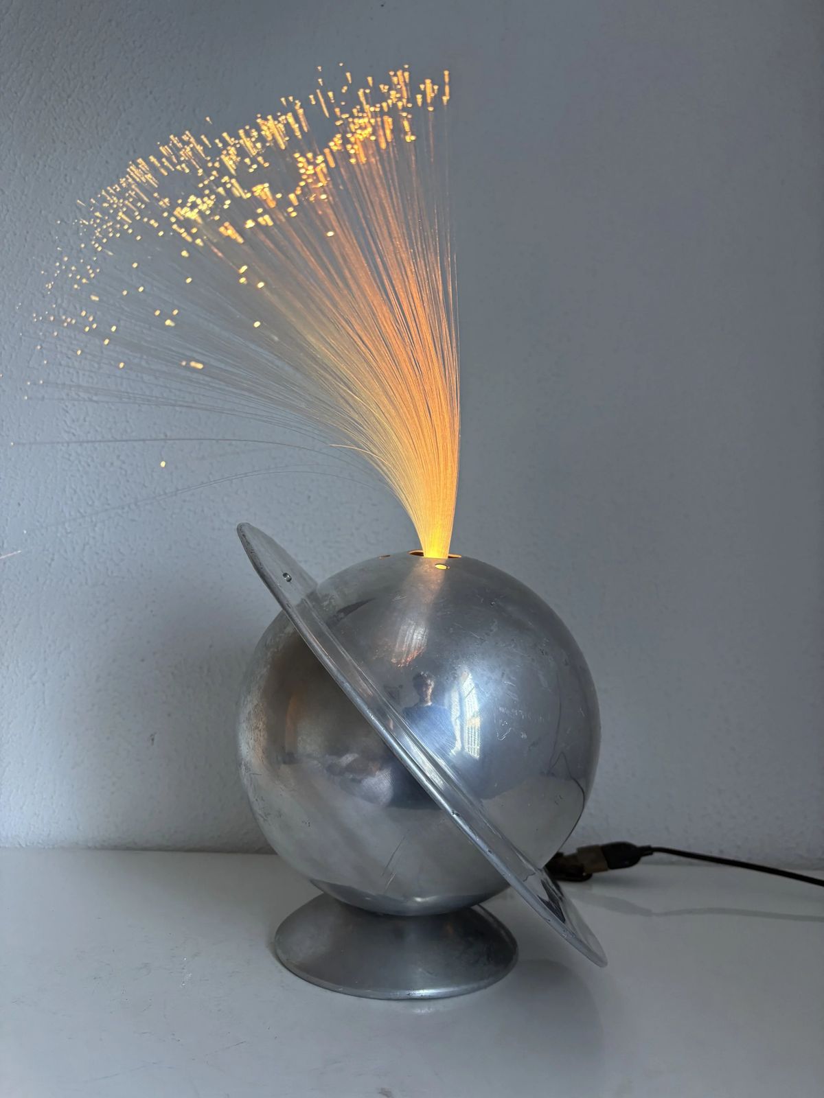 Rare French Fiber Optic Lamp "La Sphérique" — Multicolor Rotating Disc — Aluminum Globe — Vintage 1970s Space Age photo 329.0