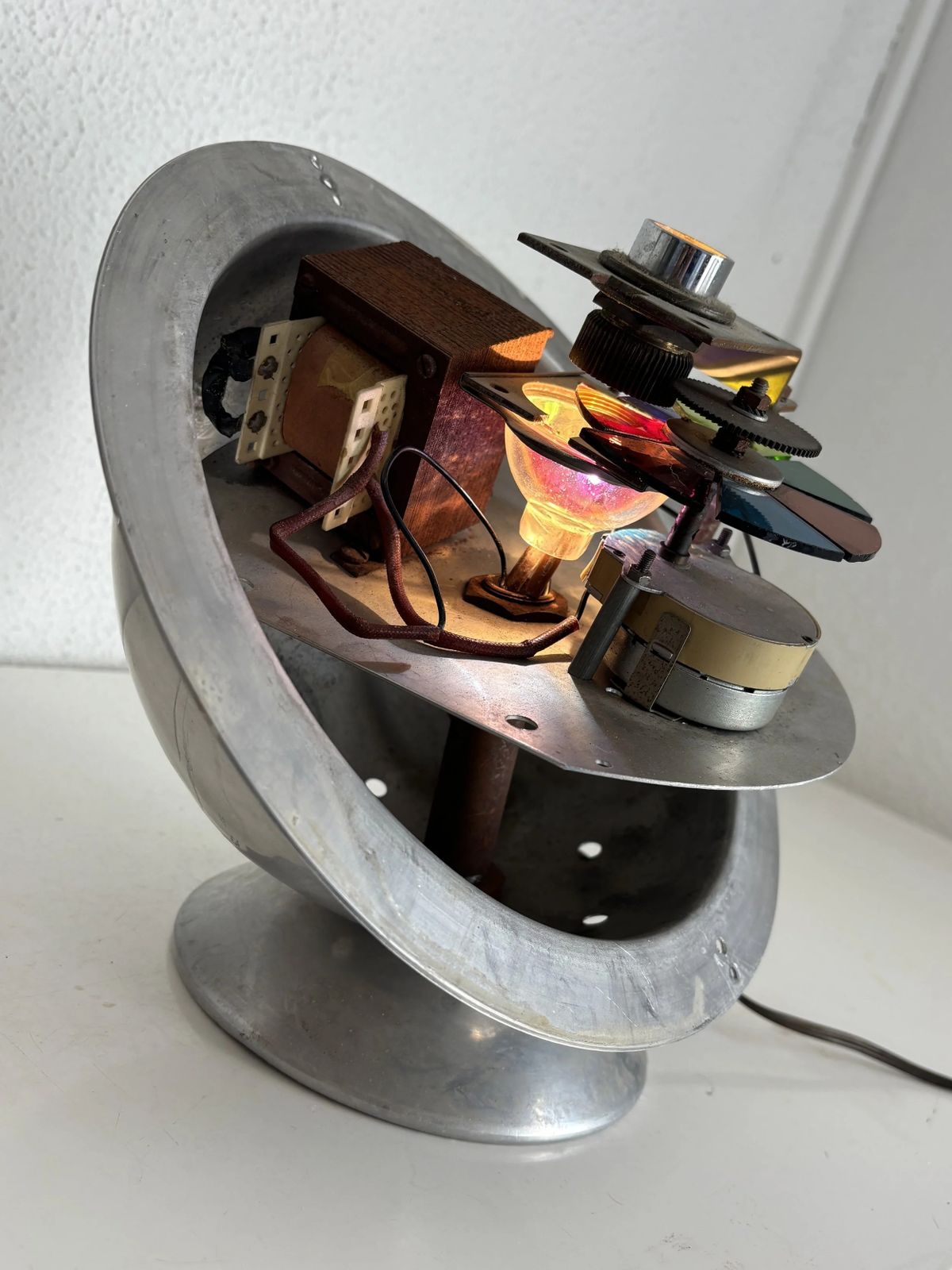 Rare French Fiber Optic Lamp "La Sphérique" — Multicolor Rotating Disc — Aluminum Globe — Vintage 1970s Space Age photo buy