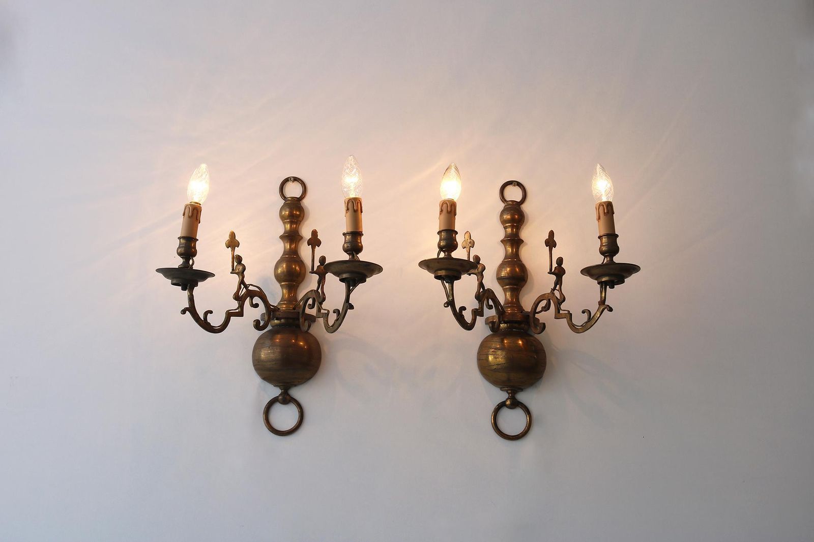 Rare Pair Of Antique Brass Wall Sconces With Playful Figural Details – Large French/Spanish Style Lights With Rich Patina 1900