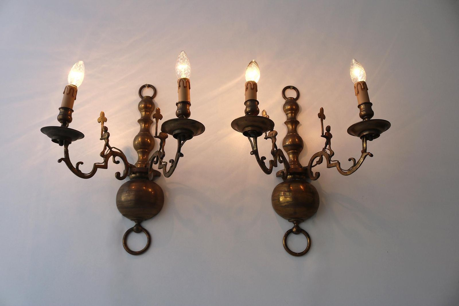 Rare Pair Of Antique Brass Wall Sconces With Playful Figural Details – Large French/Spanish Style Lights With Rich Patina 1900 photo furniture