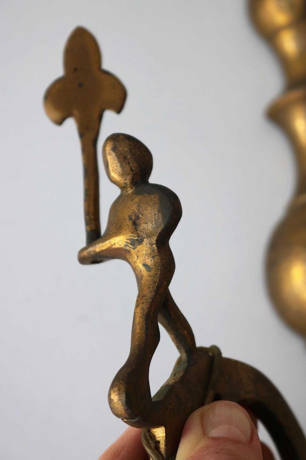 Rare Pair Of Antique Brass Wall Sconces With Playful Figural Details – Large French/Spanish Style Lights With Rich Patina 1900 photo Lighting