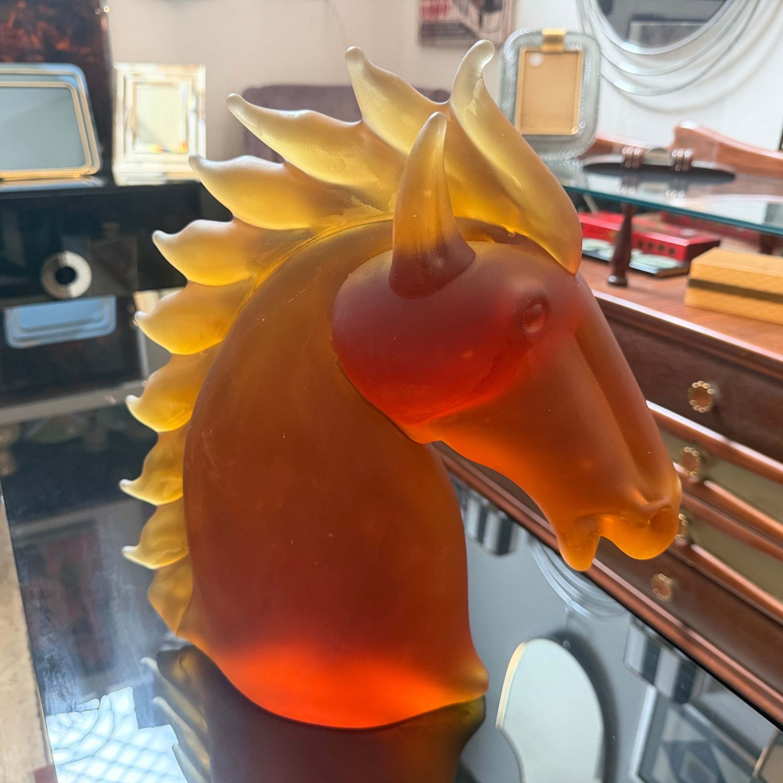 1990s Modern Amber And Brown Heavy Murano Glass Sculpture Of An Horse Head photo for sale