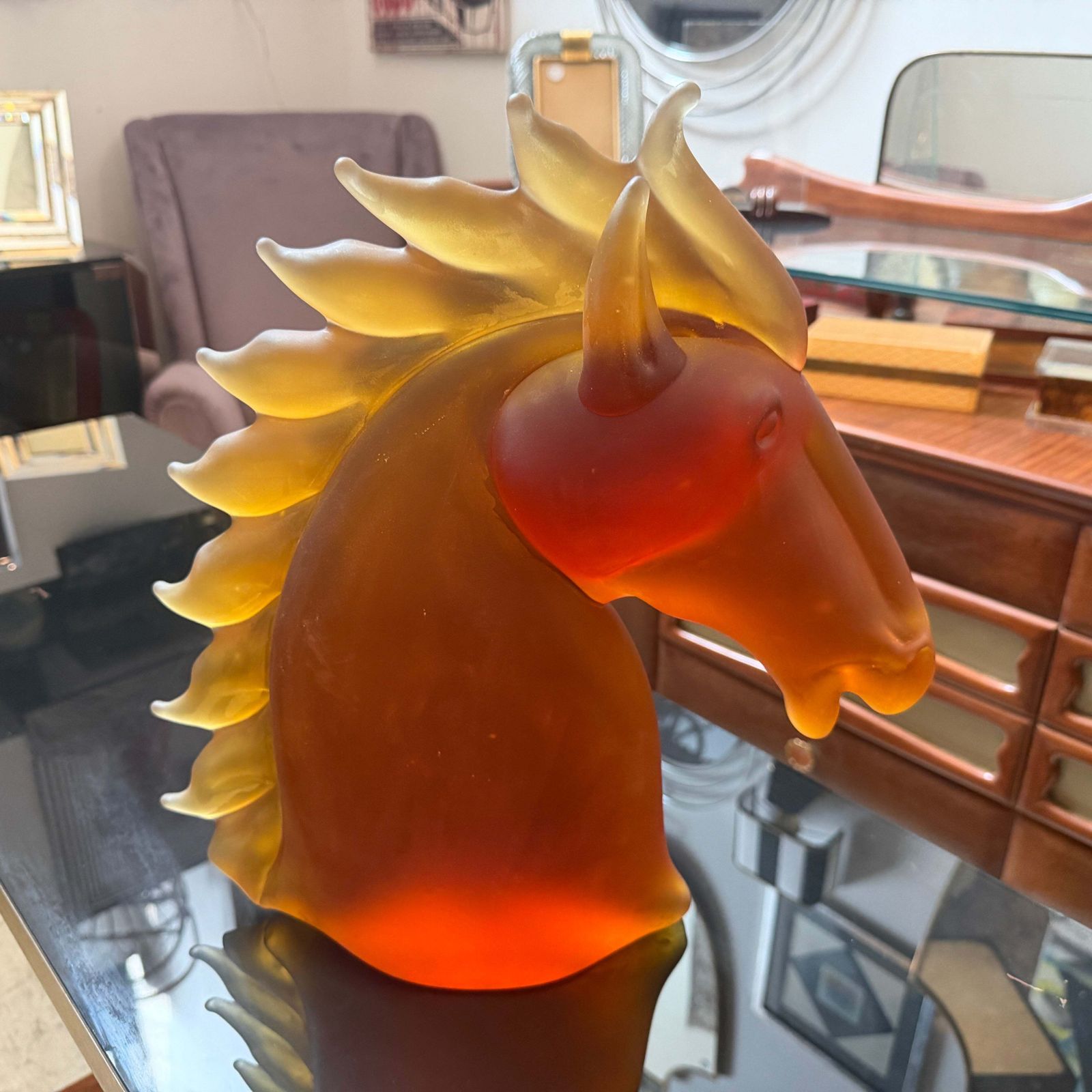 1990s Modern Amber And Brown Heavy Murano Glass Sculpture Of An Horse Head photo Art