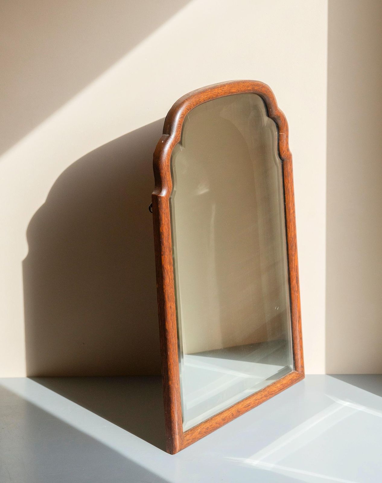 Antique Oak Mirror With Beveled Glass   Scalloped Frame   Large Curved Wooden Wall Mirror photo furniture