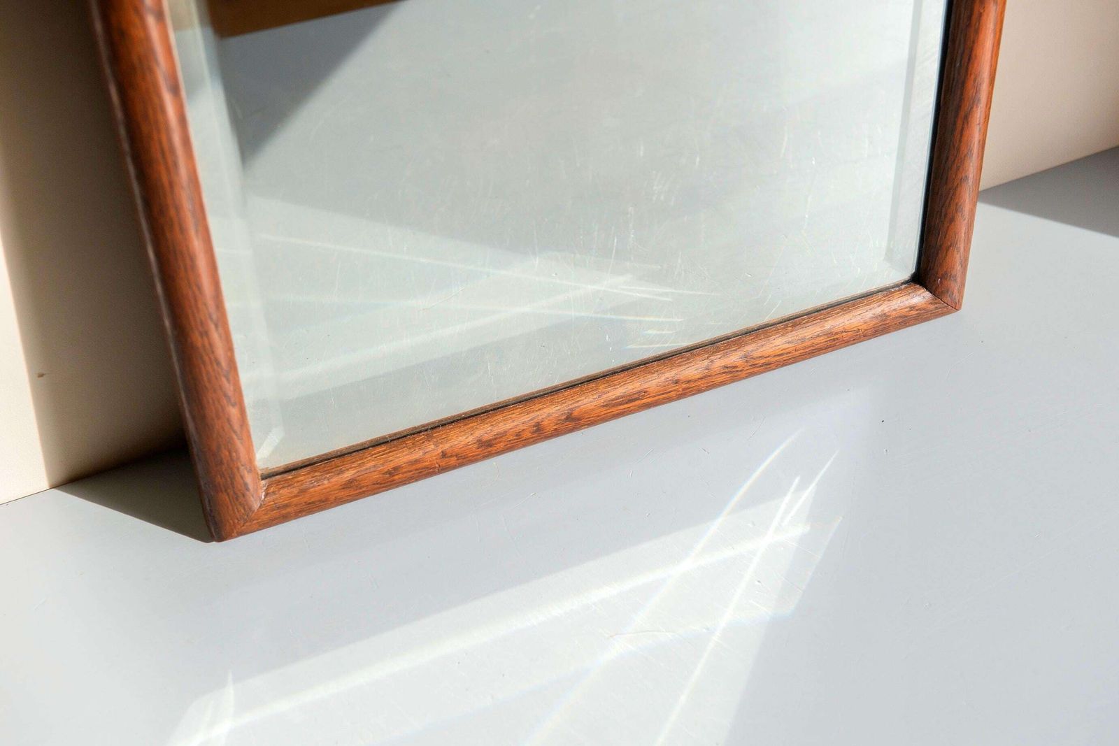Antique Oak Mirror With Beveled Glass   Scalloped Frame   Large Curved Wooden Wall Mirror photo for sale